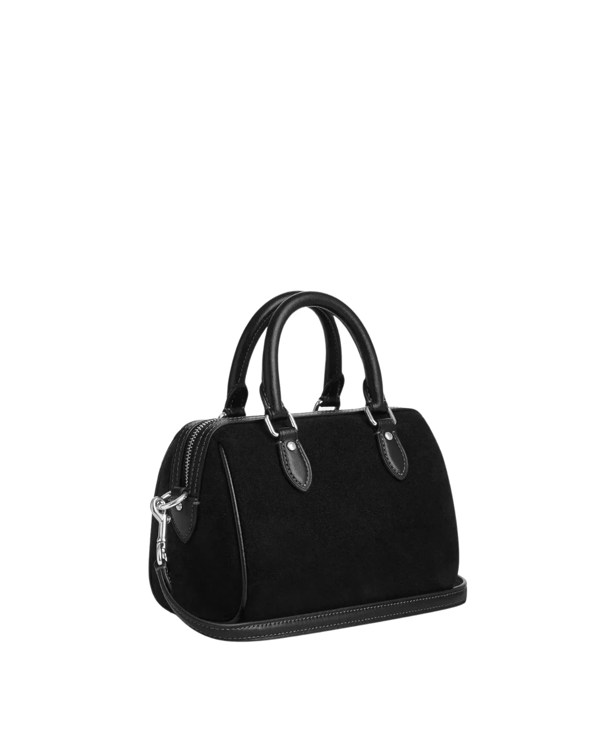Side profile of the Coach Mini Rowan Crossbody Bag CDC93 showing suede texture and detachable crossbody strap