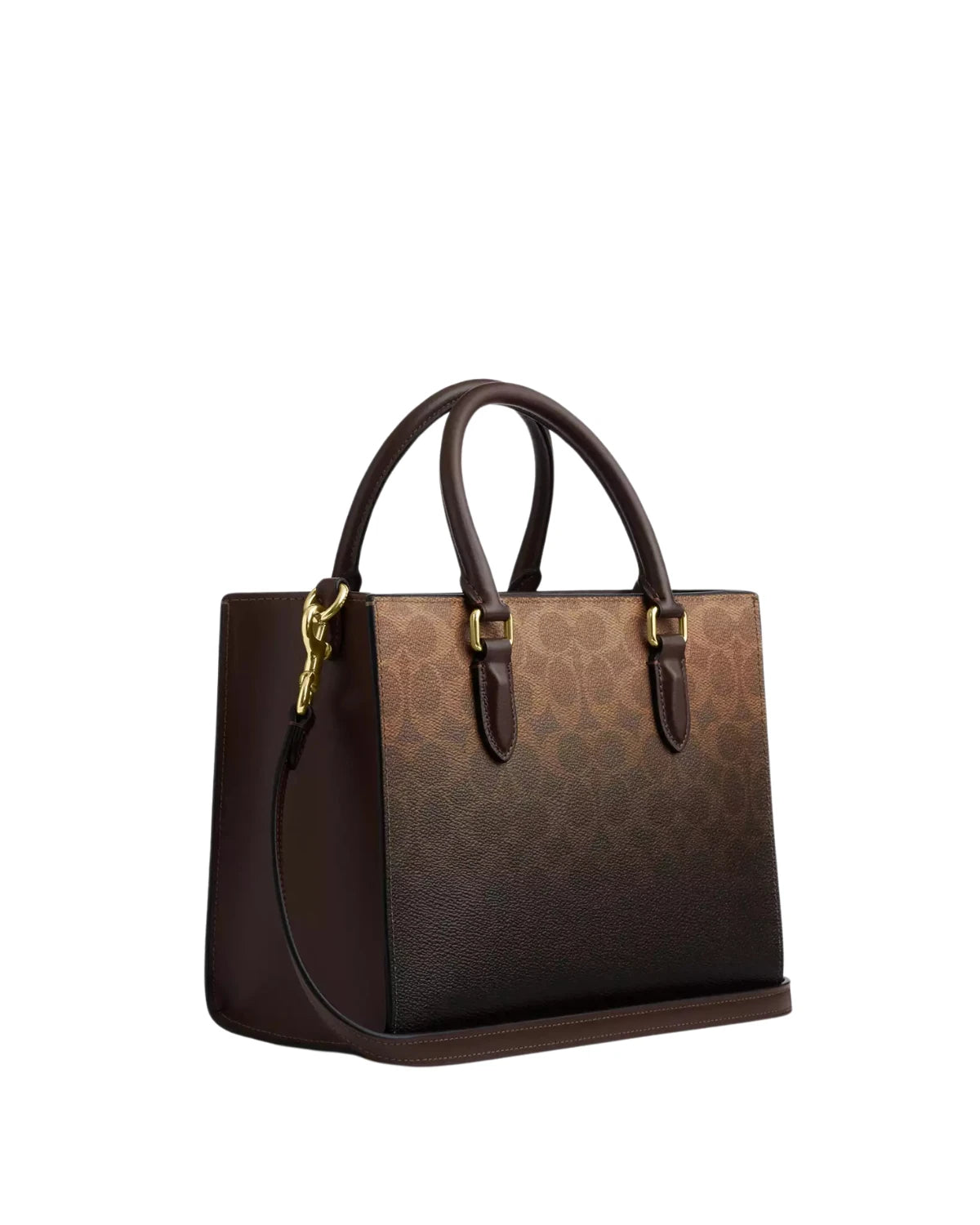 Side profile of the Coach Maggie Small Tote Bag CDY27 showing ombre canvas texture, smooth leather trim, and four protective base feet
