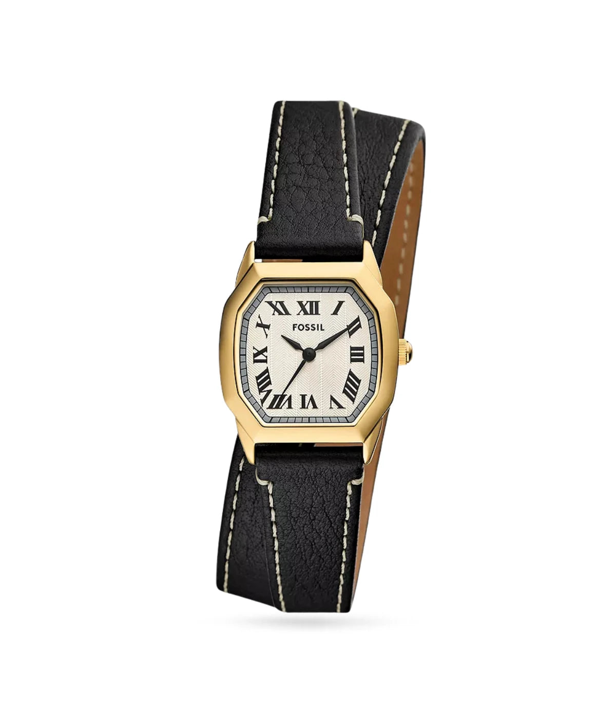 Fossil Harlow 27mm Three-Hand Black Leather Watch ES5404 front view - women's octagonal gold-tone stainless steel watch with cream dial and black leather strap, available in Sri Lanka at Time Vault