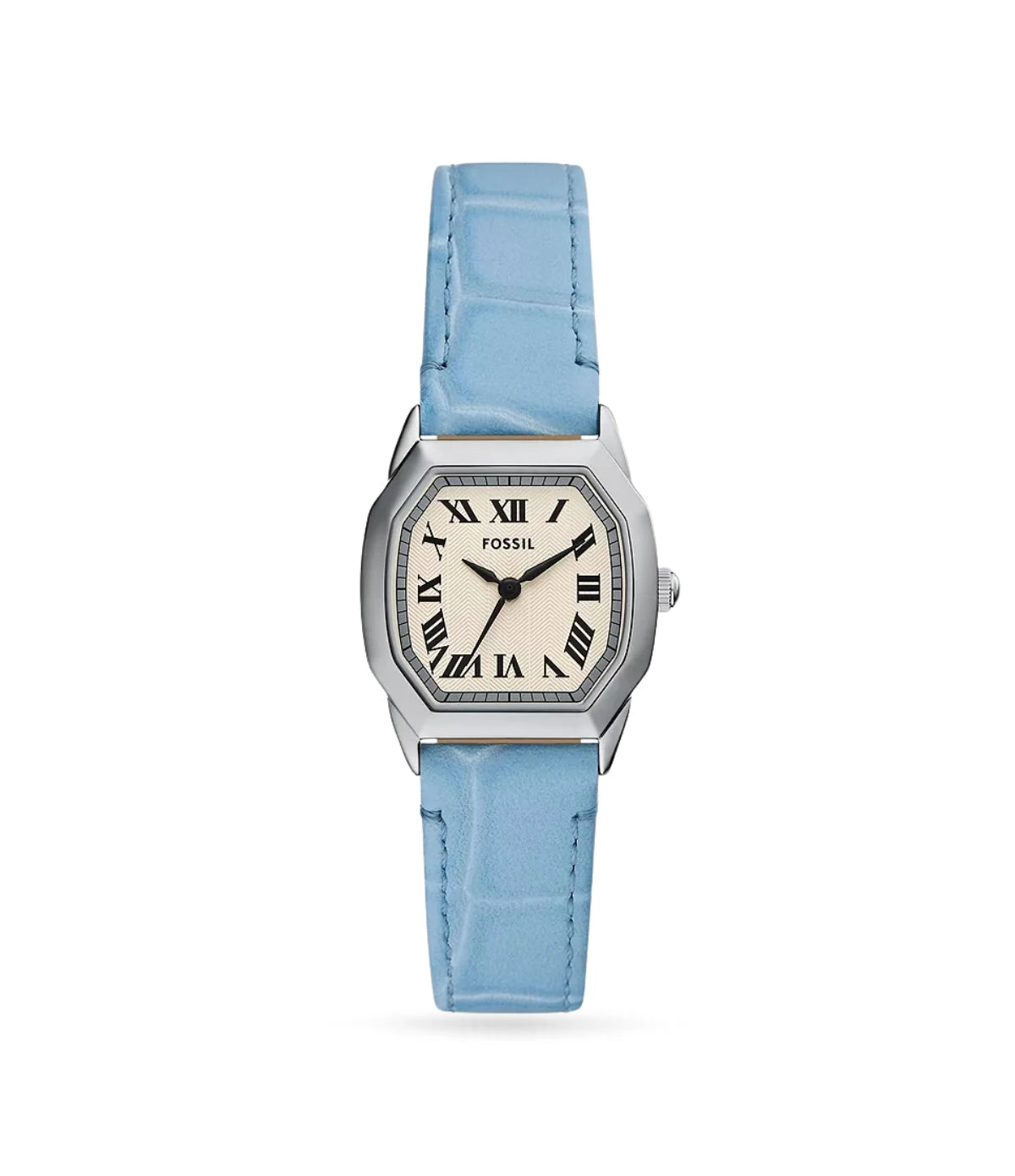 Fossil Harlow 27mm Three-Hand Light Blue Leather Watch ES5405 front view - women's octagonal stainless steel watch with cream dial and light blue leather strap, available in Sri Lanka at Time Vault