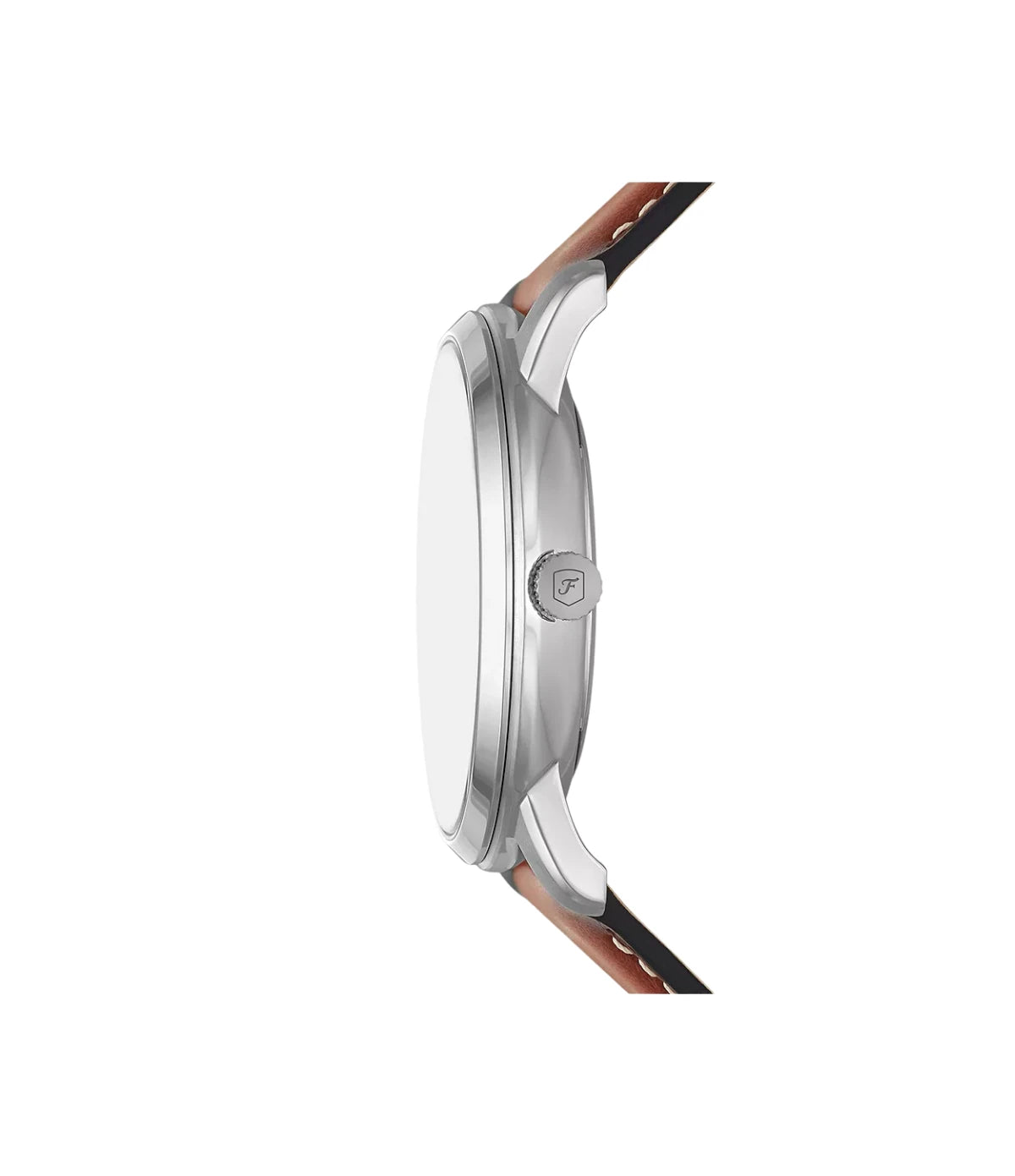 Side profile of the Fossil Neutra FS5903 showing the silver stainless steel case and brown leather strap