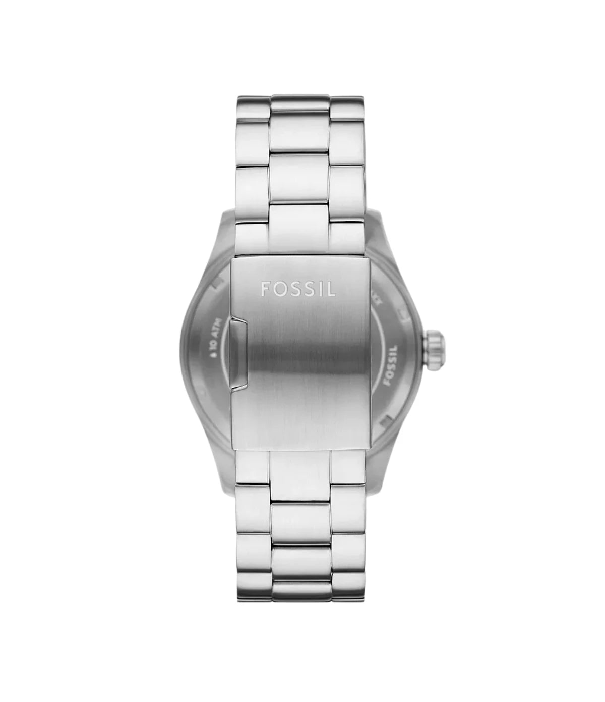 FS5976 Fossil Defender Solar-Powered Stainless Steel Watch back view highlighting the stainless steel bracelet and double locking foldover clasp at time vault