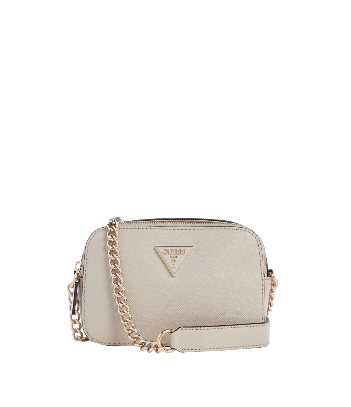 Guess Grey Noelle Crossbody Camera Bag front view - women's grey PU leather crossbody bag with allover logo print, available in Sri Lanka at Time Vault