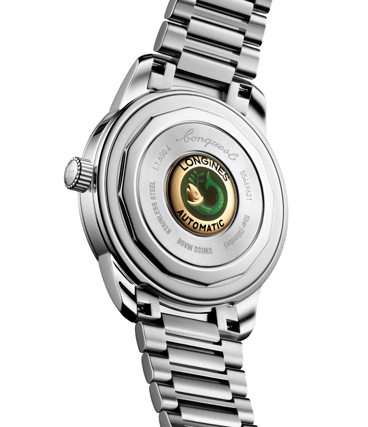 Back view of the Longines Conquest Heritage 40mm L1.650.4.02.6 showing the signature 18 karat gold medallion with fish emblem