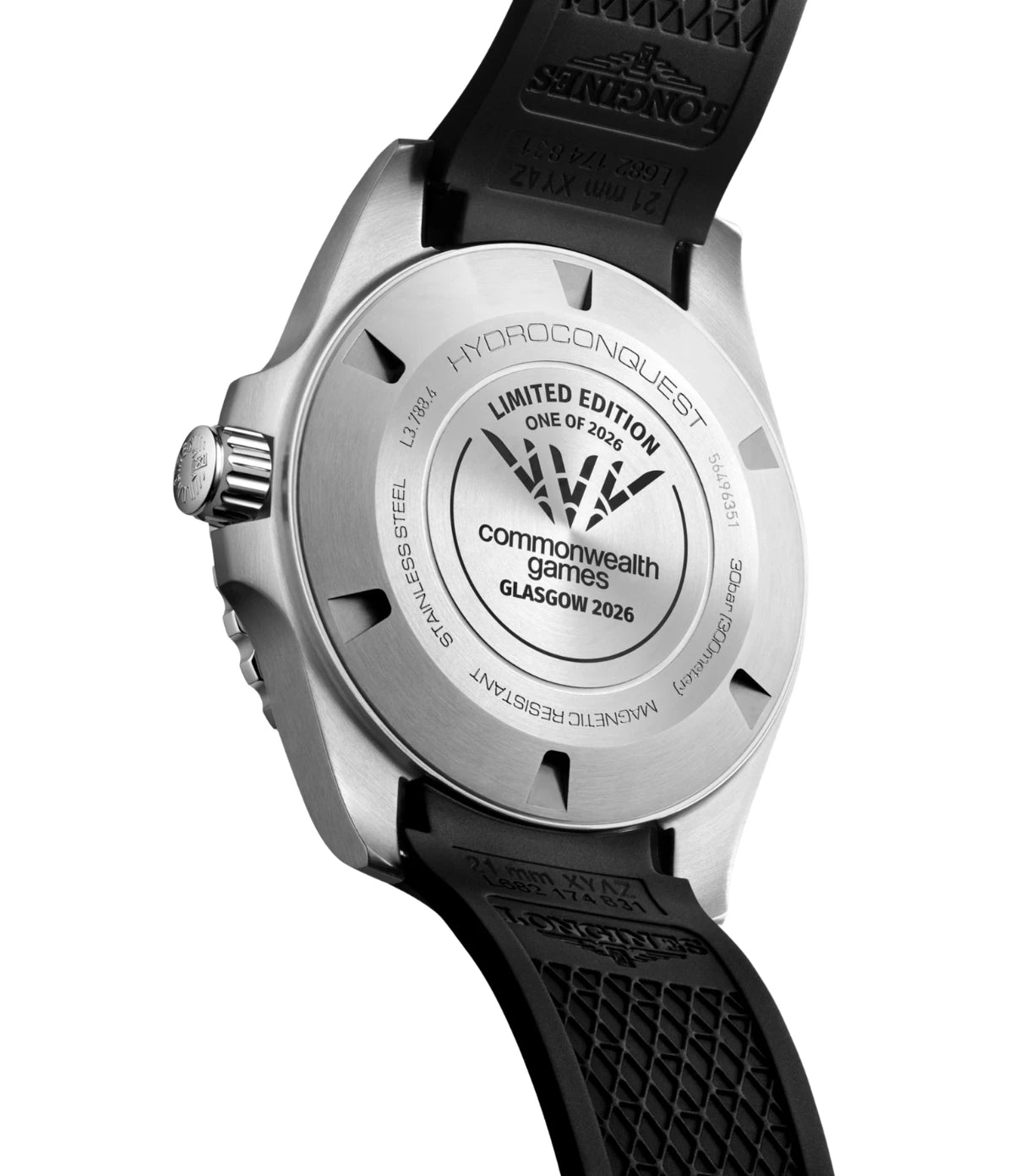 Longines HydroConquest 2026 Commonwealth Games L3.788.4.09.9 back view highlighting the screw-down case back with Commonwealth Games engraving at time vault