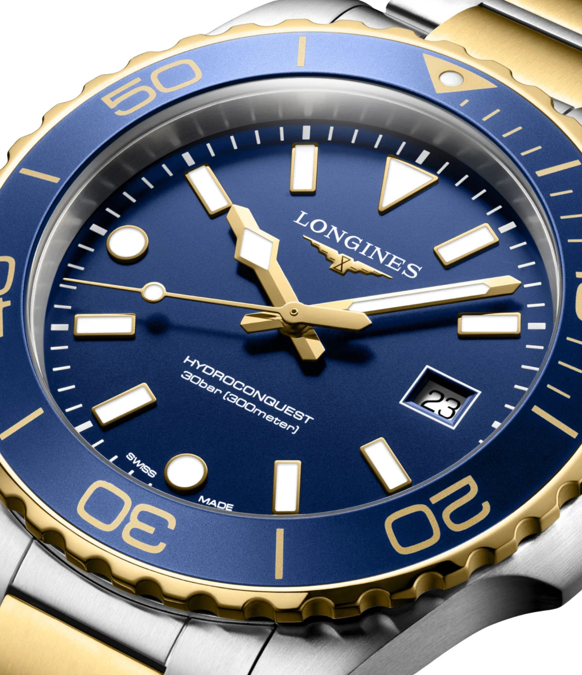 Close-up of the blue sandblasted dial on the Longines HydroConquest 42mm L3.769.3.96.7 showing Swiss Super-LumiNova indexes