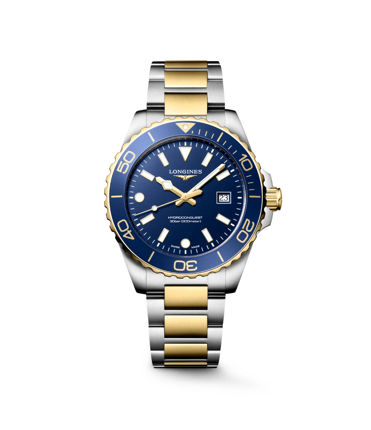 Longines HydroConquest 42mm L3.769.3.96.7 front view - men's stainless steel quartz dive watch with blue sandblasted dial and yellow PVD coating, available in Sri Lanka at Time Vault