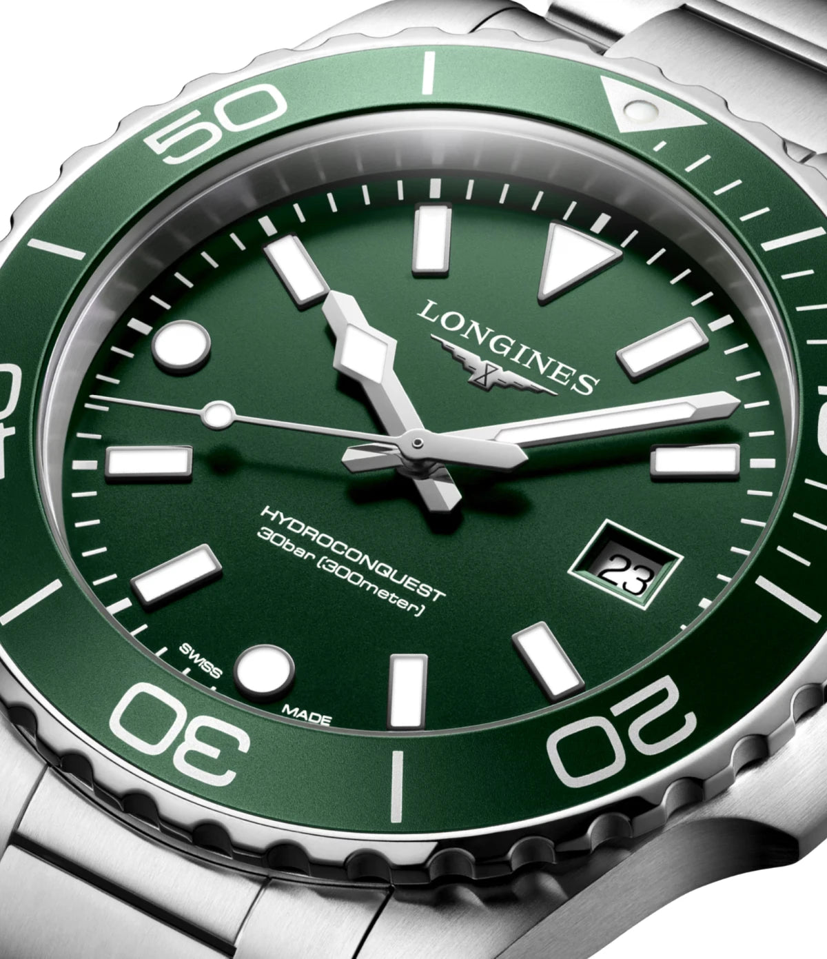 Close-up of the green sandblasted dial on the Longines HydroConquest 42mm L3.769.4.06.6 showing Swiss Super-LumiNova indexes
