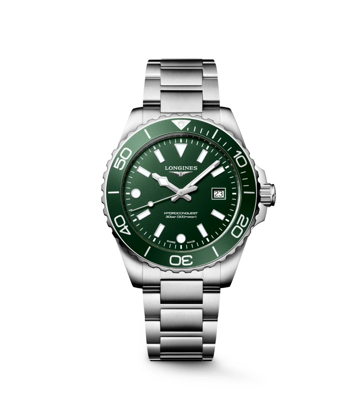 Longines HydroConquest 42mm L3.769.4.06.6 front view - men's stainless steel quartz dive watch with green sandblasted dial, available in Sri Lanka at Time Vault