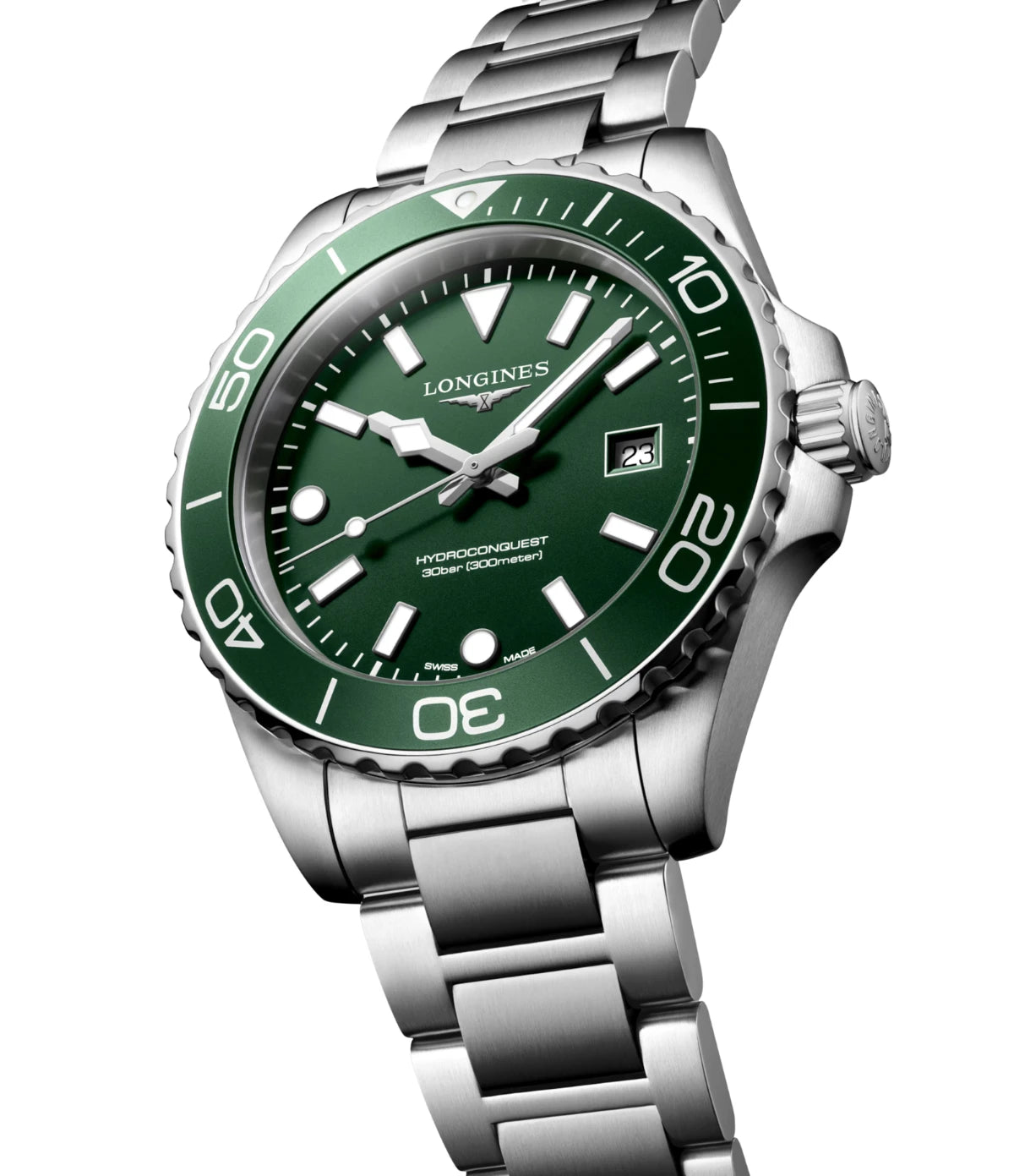 Side profile of the Longines HydroConquest 42mm L3.769.4.06.6 showing unidirectional rotating bezel and screw-in crown