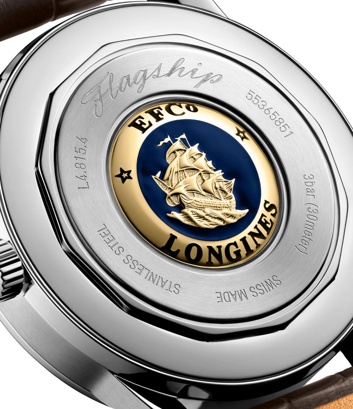 Close-up of the automatic self-winding moonphase movement inside the Longines Flagship Heritage Moonphase 38.5mm L4.815.4.62.2