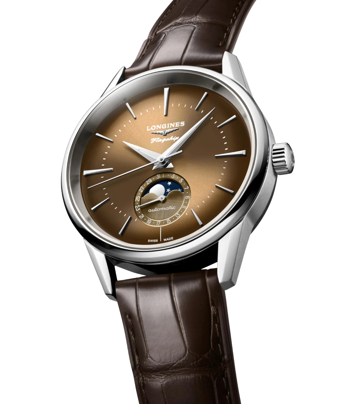 Side profile of the Longines Flagship Heritage Moonphase 38.5mm L4.815.4.62.2 showing stainless steel case and brown alligator strap