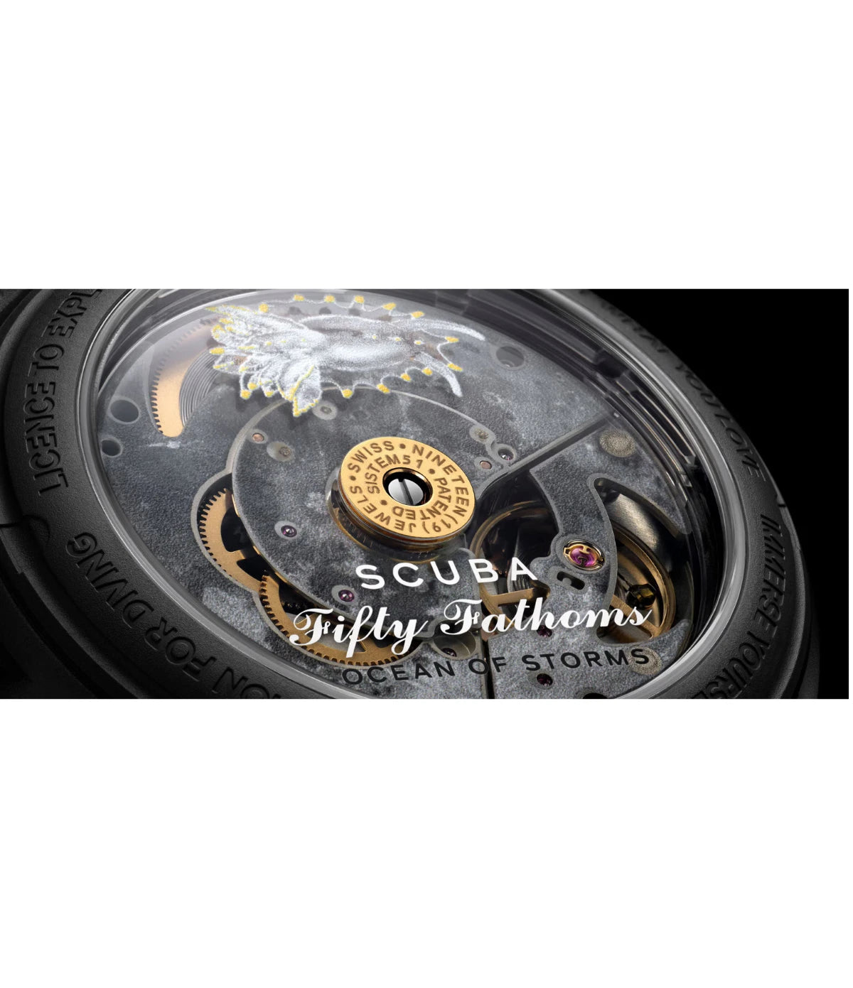 Close-up of the caseback engravings on the Blancpain X Swatch Ocean of Storms SO35B400 showing the five inspirational inscriptions and lunar-inspired illustration