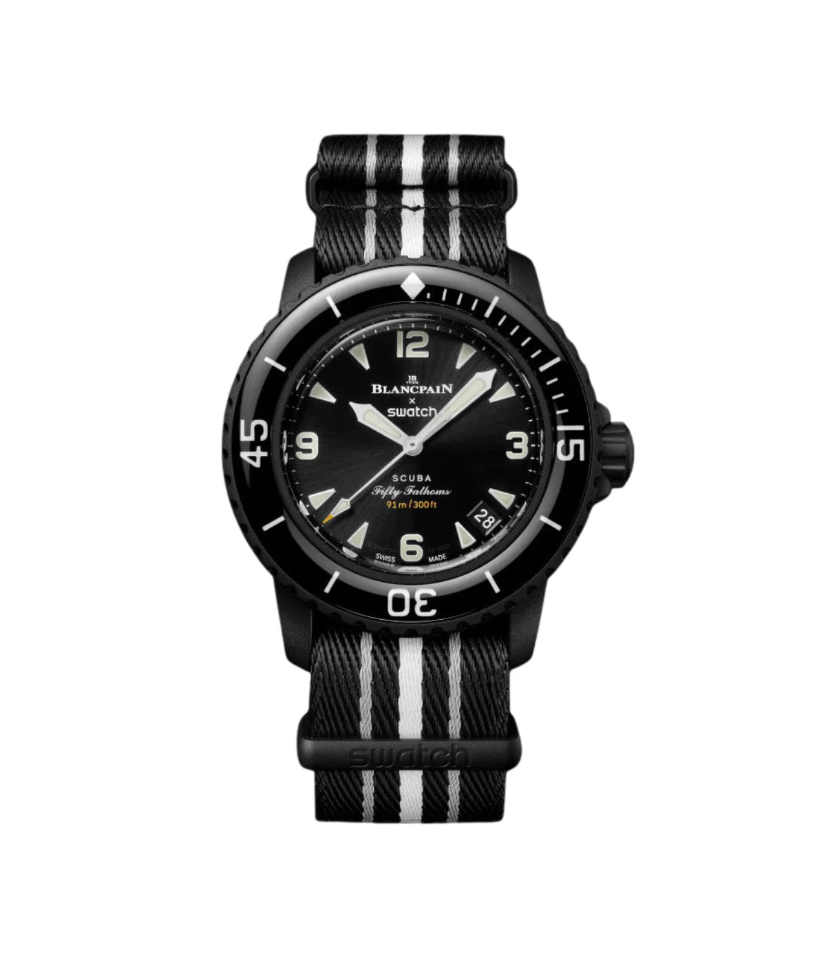 Blancpain X Swatch Bioceramic Scuba Fifty Fathoms Ocean of Storms SO35B400 front view - black Bioceramic diver's watch with sunbrushed dial, available in Sri Lanka at Time Vault