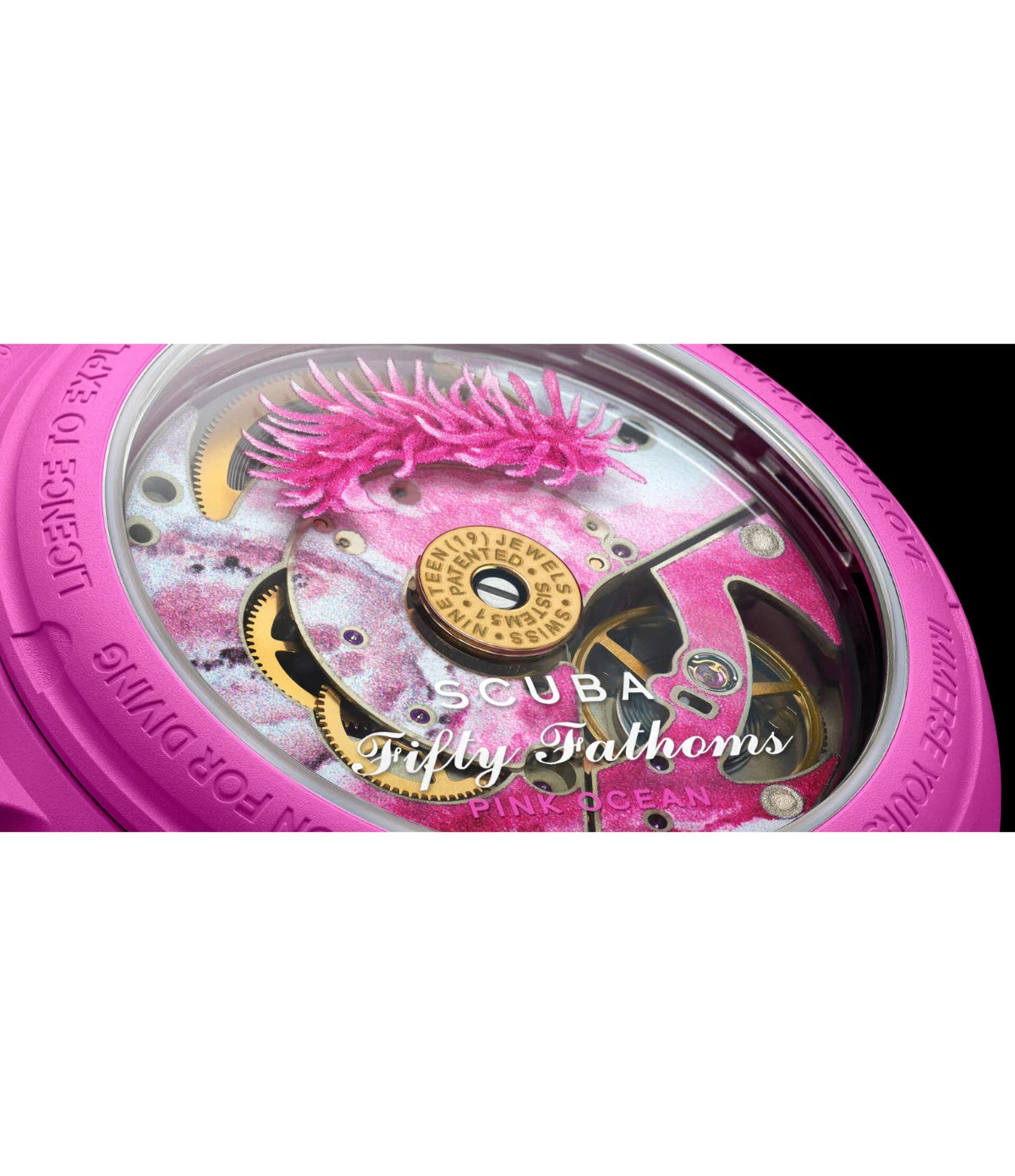 Close-up of the engraved caseback details on the Blancpain X Swatch Pink Ocean SO35P400 showing the five inspirational inscriptions and nudibranch illustration