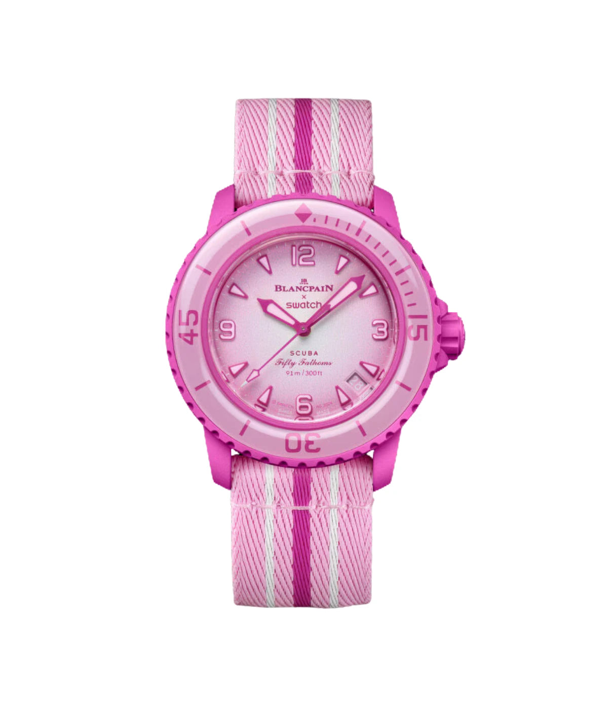 Blancpain X Swatch Bioceramic Scuba Fifty Fathoms Pink Ocean SO35P400 front view - women's pink Bioceramic diver's watch with gradient dial, available in Sri Lanka at Time Vault