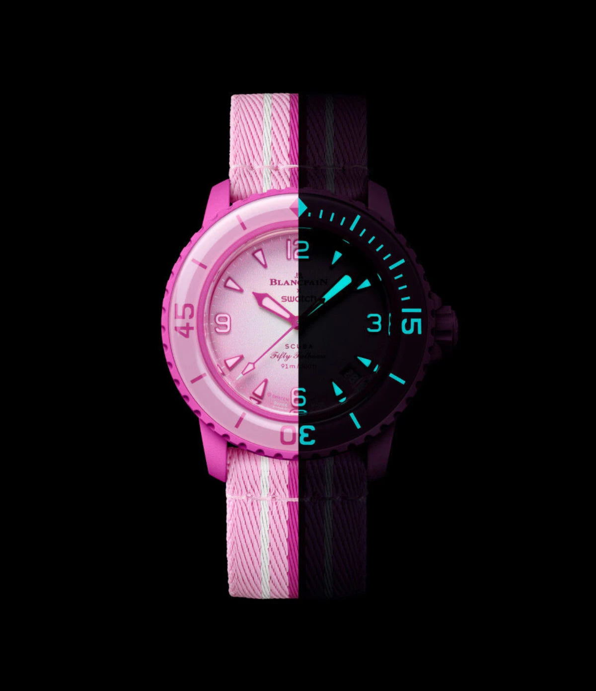 Blancpain X Swatch Pink Ocean SO35P400 dial glowing in the dark, showing Grade A Super-LumiNova on hour markers, hands and bezel scale