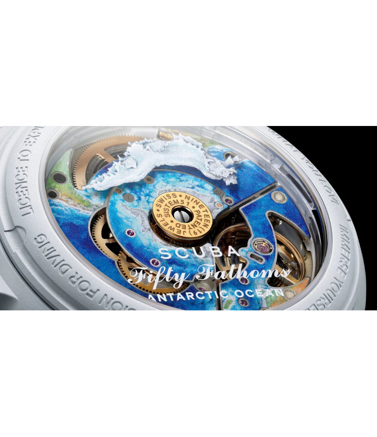 Close-up of the caseback engravings on the Blancpain X Swatch Antarctic Ocean SO35S100 showing the five inspirational inscriptions and nudibranch illustration