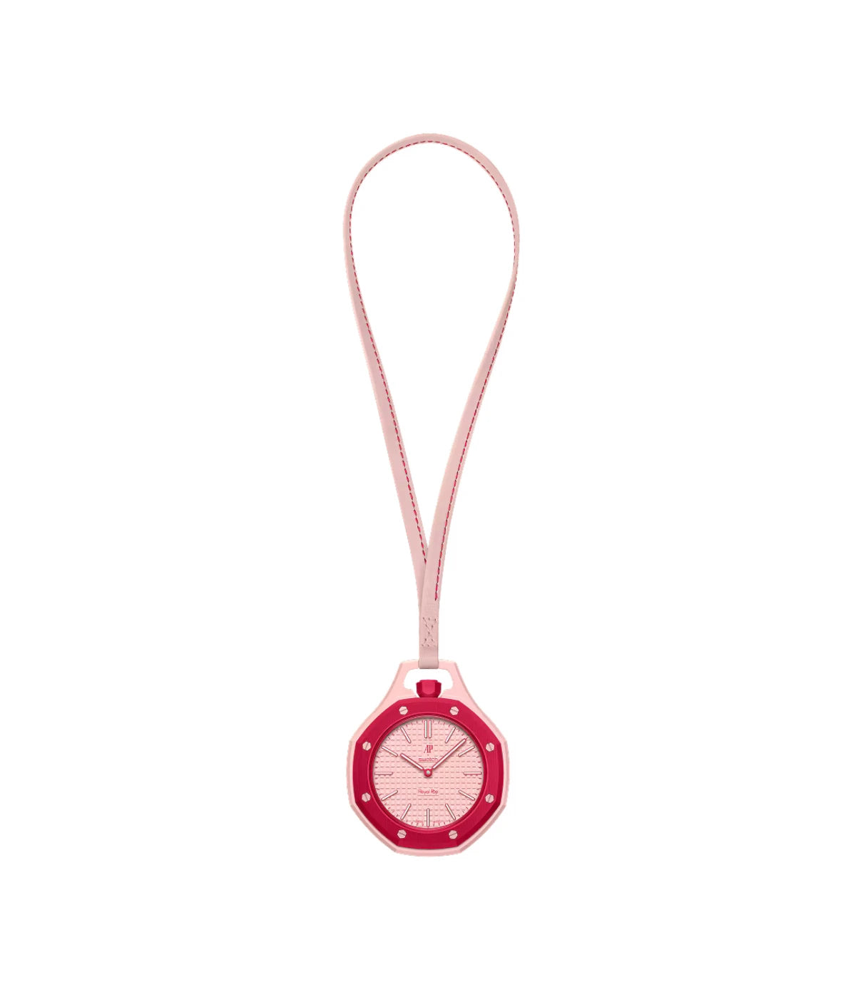 Swatch x Audemars Piguet Royal Pop Otto Rosso SSX03R100N front view showing the octagonal cherry red Bioceramic bezel and pink tapisserie dial