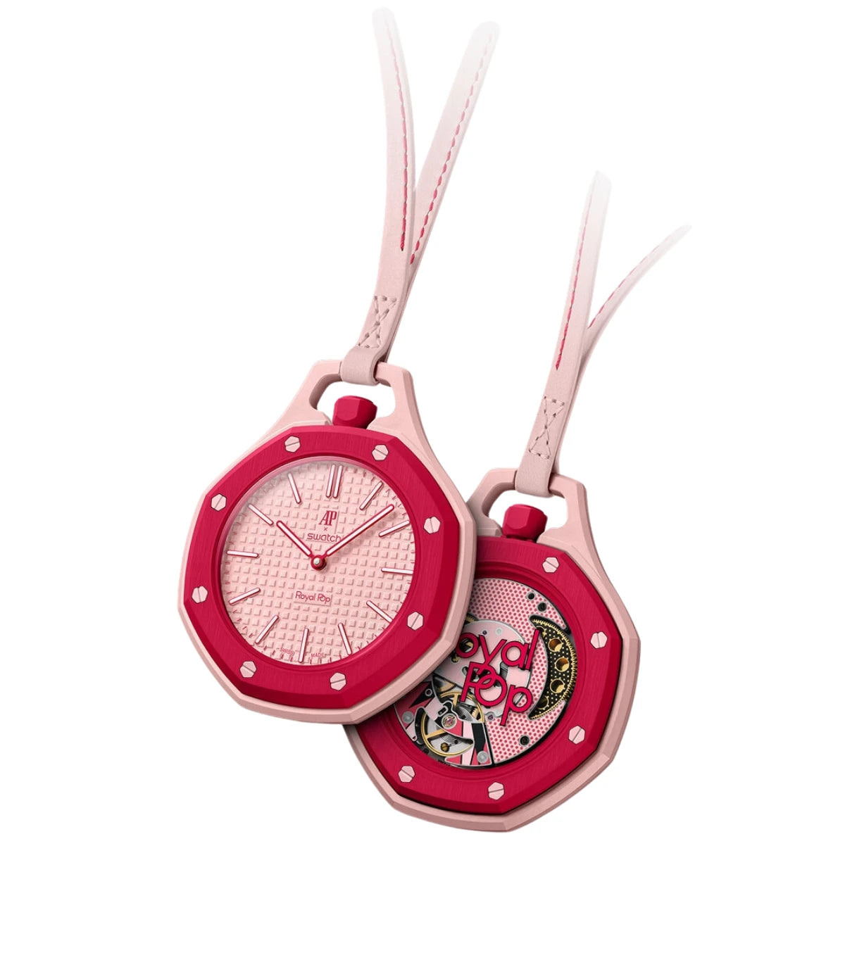 Swatch x Audemars Piguet Royal Pop Otto Rosso SSX03R100N main view - pink Bioceramic Lépine pocket watch with cherry red bezel, available in Sri Lanka at Time Vault