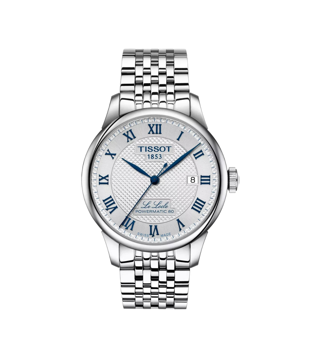 Tissot Le Locle 20th Anniversary 39.3mm T0064071103303 front view showing the silver dial with Roman numeral indexes and stainless steel case