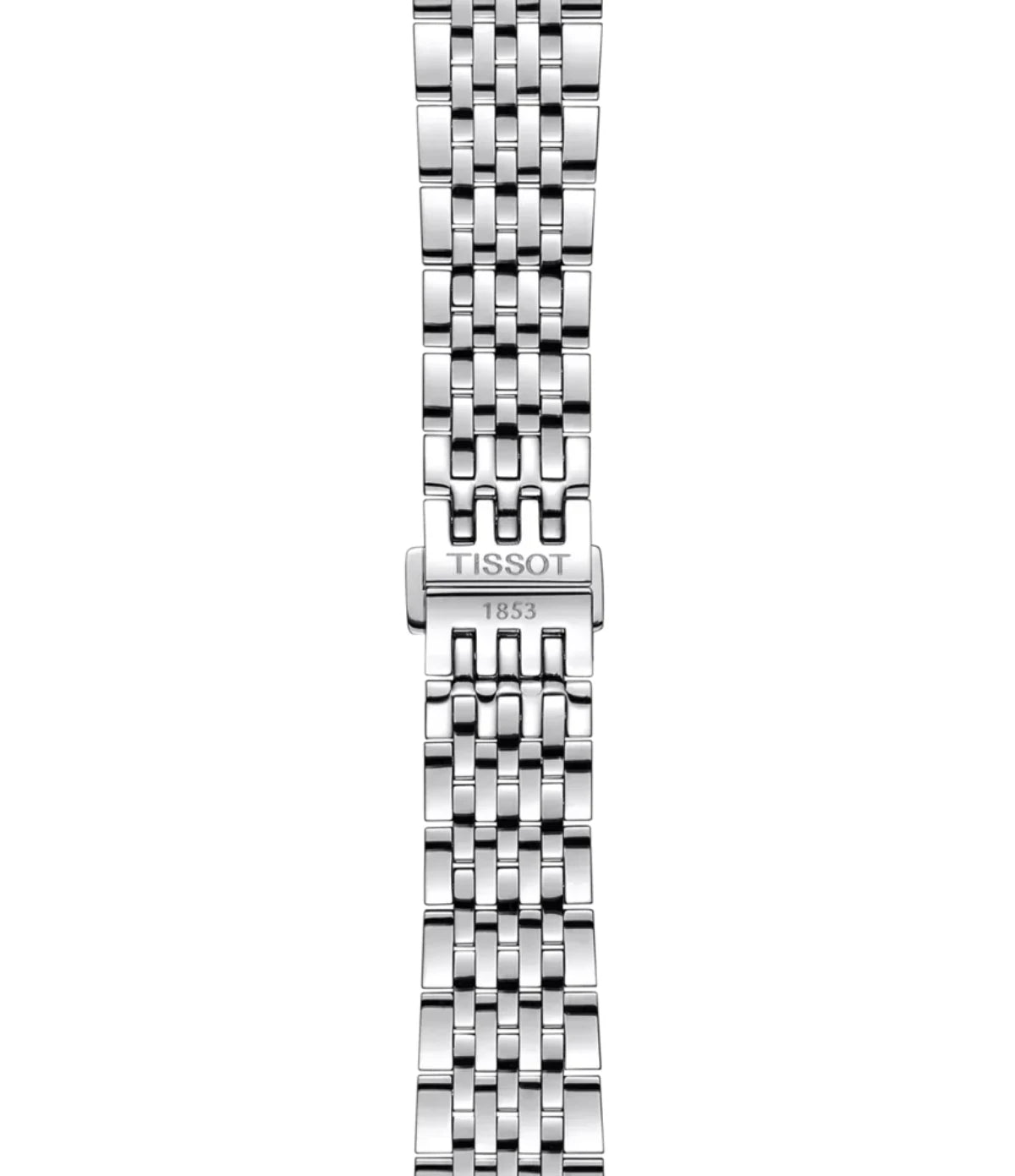 Close-up of the grey stainless steel bracelet on the Tissot Le Locle 39.3mm T0064071104300 with butterfly clasp and push-buttons