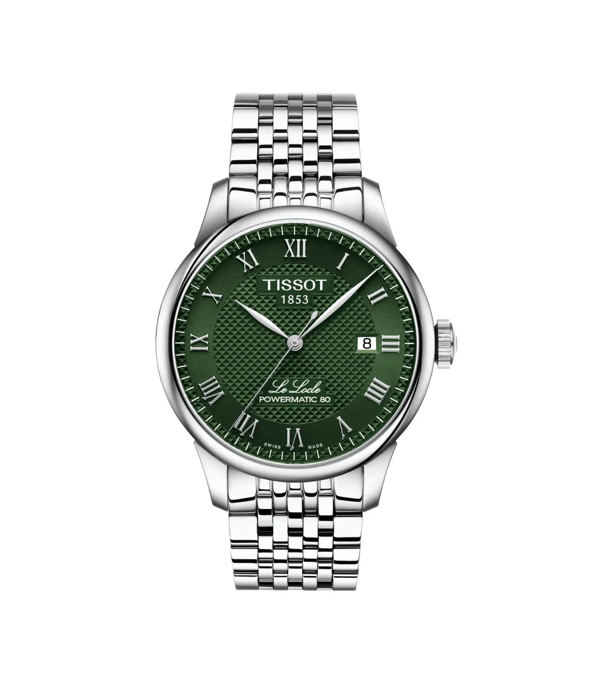 Tissot Le Locle 39.3mm T0064071109300 front view showing the green dial with Roman numeral indexes and stainless steel case