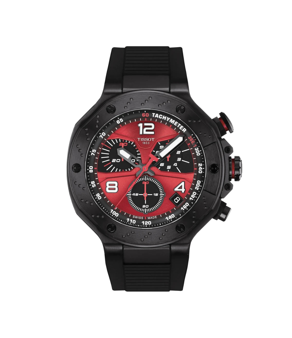 Tissot T-Race MotoGP 2026 45mm T141.417.37.422.00 front view - men's limited edition Swiss quartz chronograph watch with red dial and black case, available in Sri Lanka at Time Vault