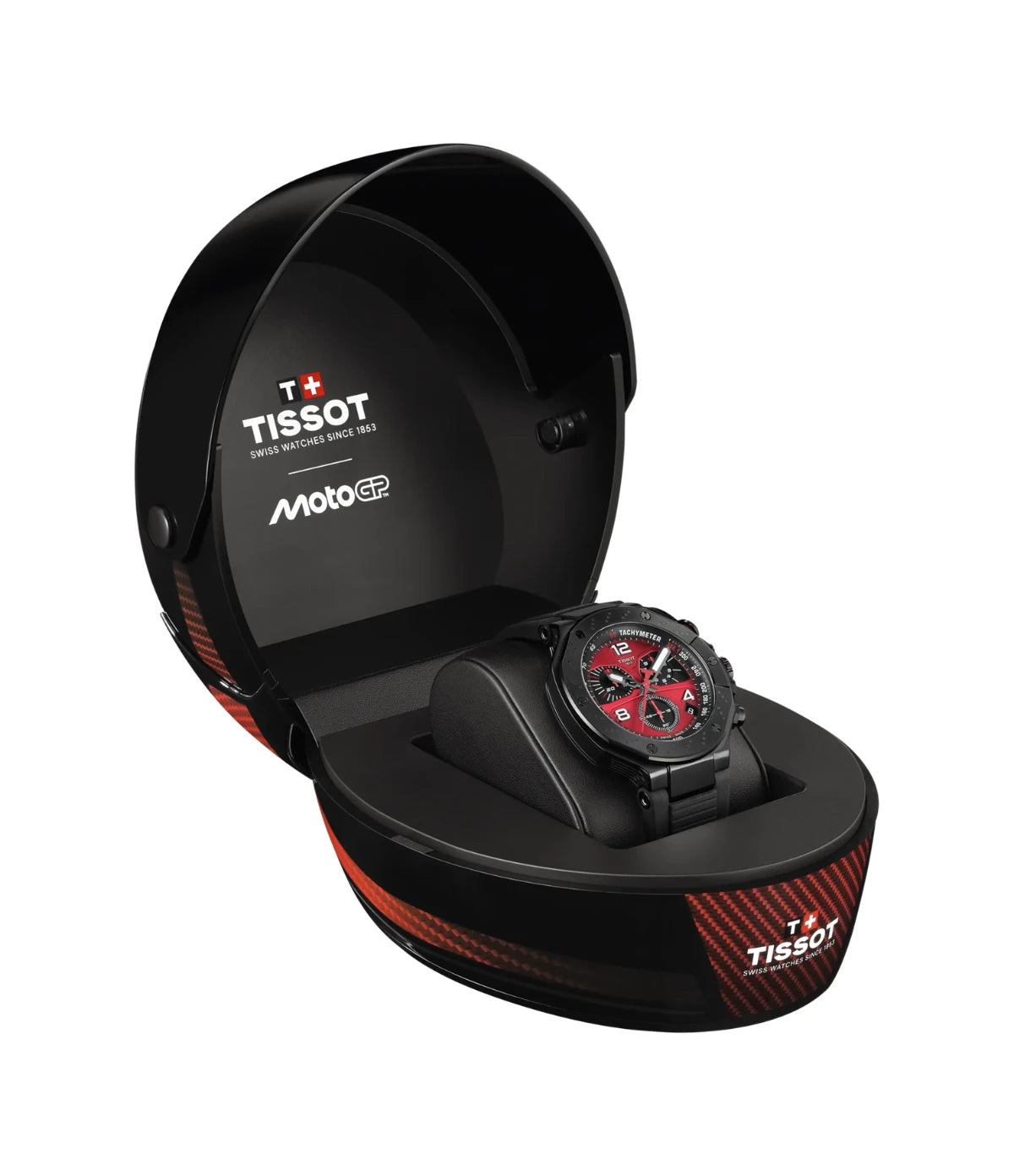 Signature MotoGP helmet-shaped presentation box of the Tissot T-Race MotoGP 2026 45mm T141.417.37.422.00 opened, revealing the limited edition watch inside
