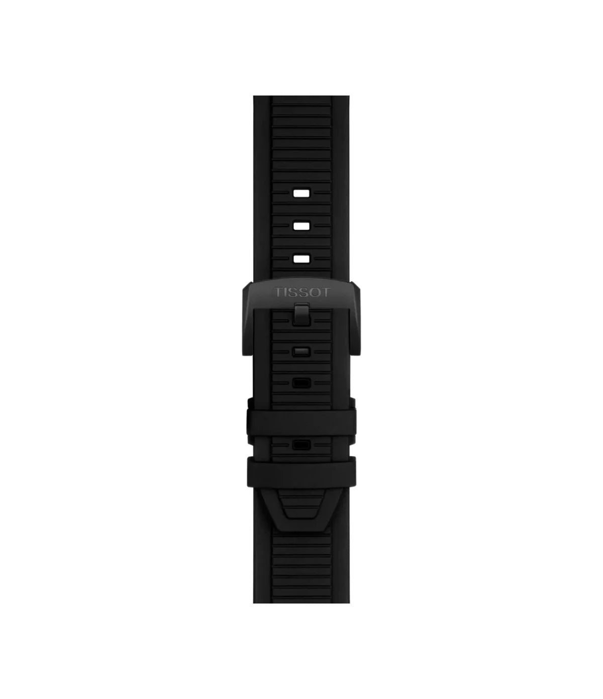 Close-up of the black silicone racing-inspired strap on the Tissot T-Race MotoGP 2026 45mm T141.417.37.422.00 with standard buckle