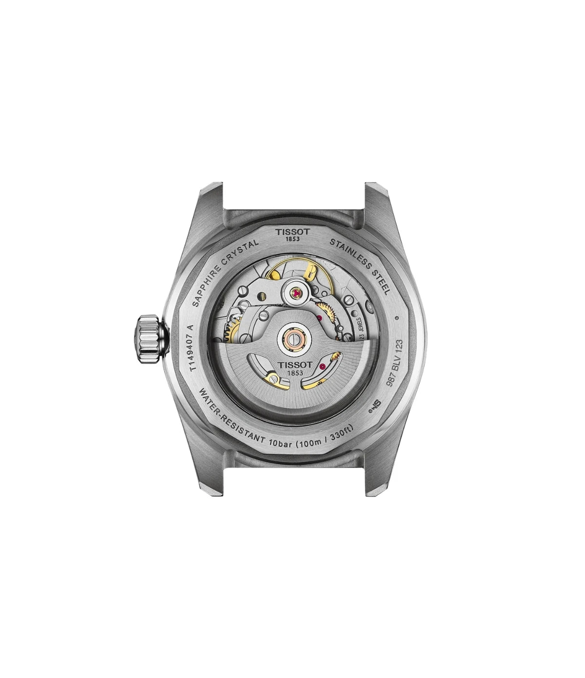 See-through caseback of the Tissot PR516 38mm T1494071104100 showing the Swiss automatic Powermatic 80 movement