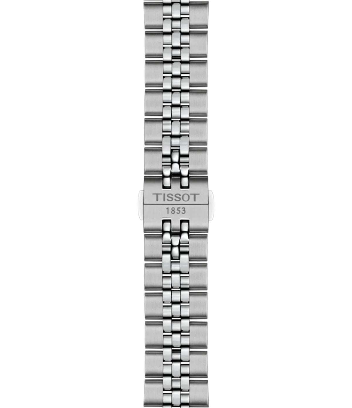 Close-up of the grey stainless steel bracelet on the Tissot Ballade 39mm COSC T1564081109300 with butterfly clasp