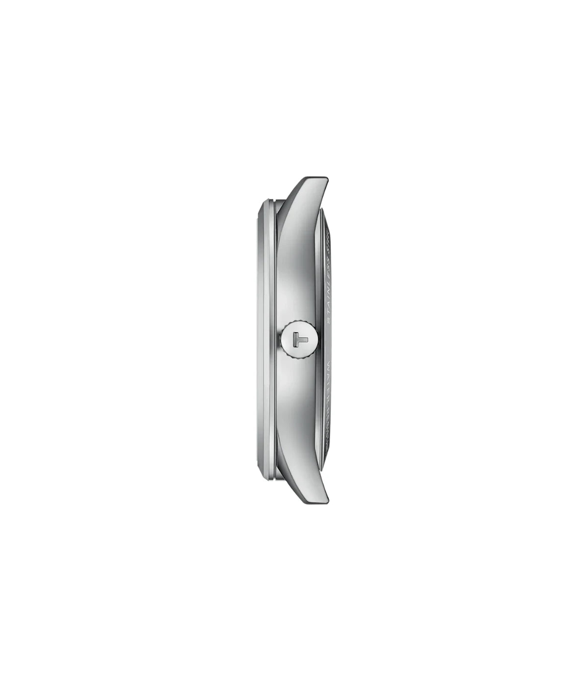 Side profile of the Tissot Classic Dream 40mm T1584071103100 showing case thickness and stainless steel bracelet