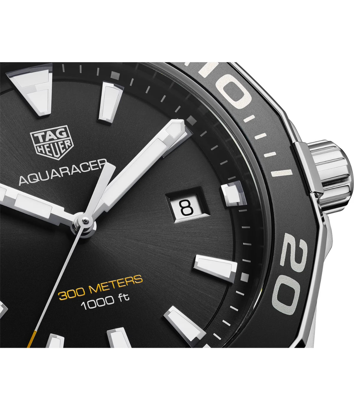 Close-up of the black sunray-brushed dial on the TAG Heuer Aquaracer WAY101A.BA0746 showing the applied hour indexes and date display