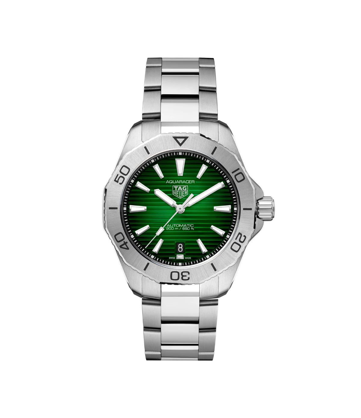TAG Heuer Aquaracer Professional 200 Date WBP2115.BA0627 front view - men's 40mm steel automatic dive watch with green sunray dial, available in Sri Lanka at Time Vault