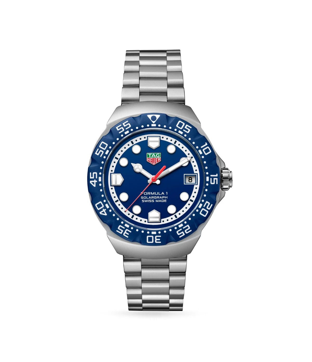 TAG Heuer Formula 1 Solargraph WBY1112.BA0042 front view - men's 38mm steel solar quartz watch with blue opalin dial, available in Sri Lanka at Time Vault