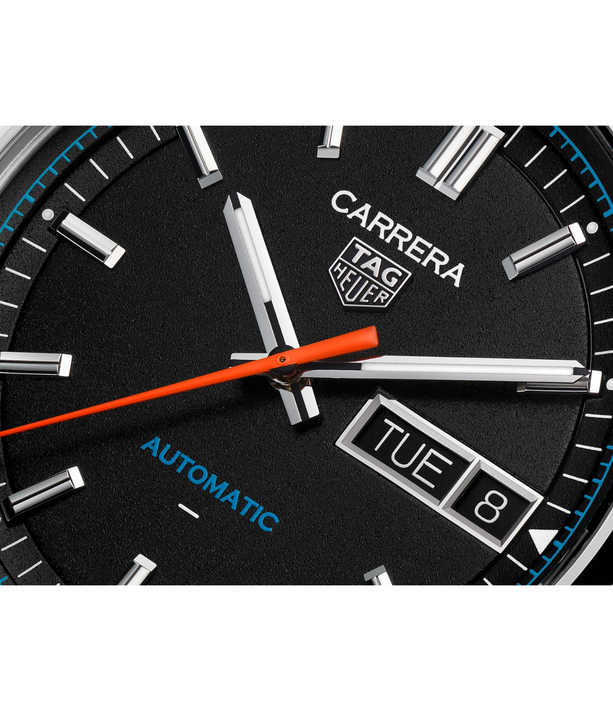 Close-up of the black fine grained dial on the TAG Heuer Carrera Day-Date WDA2110.FC6614 showing the red lacquered central hand and day-date display