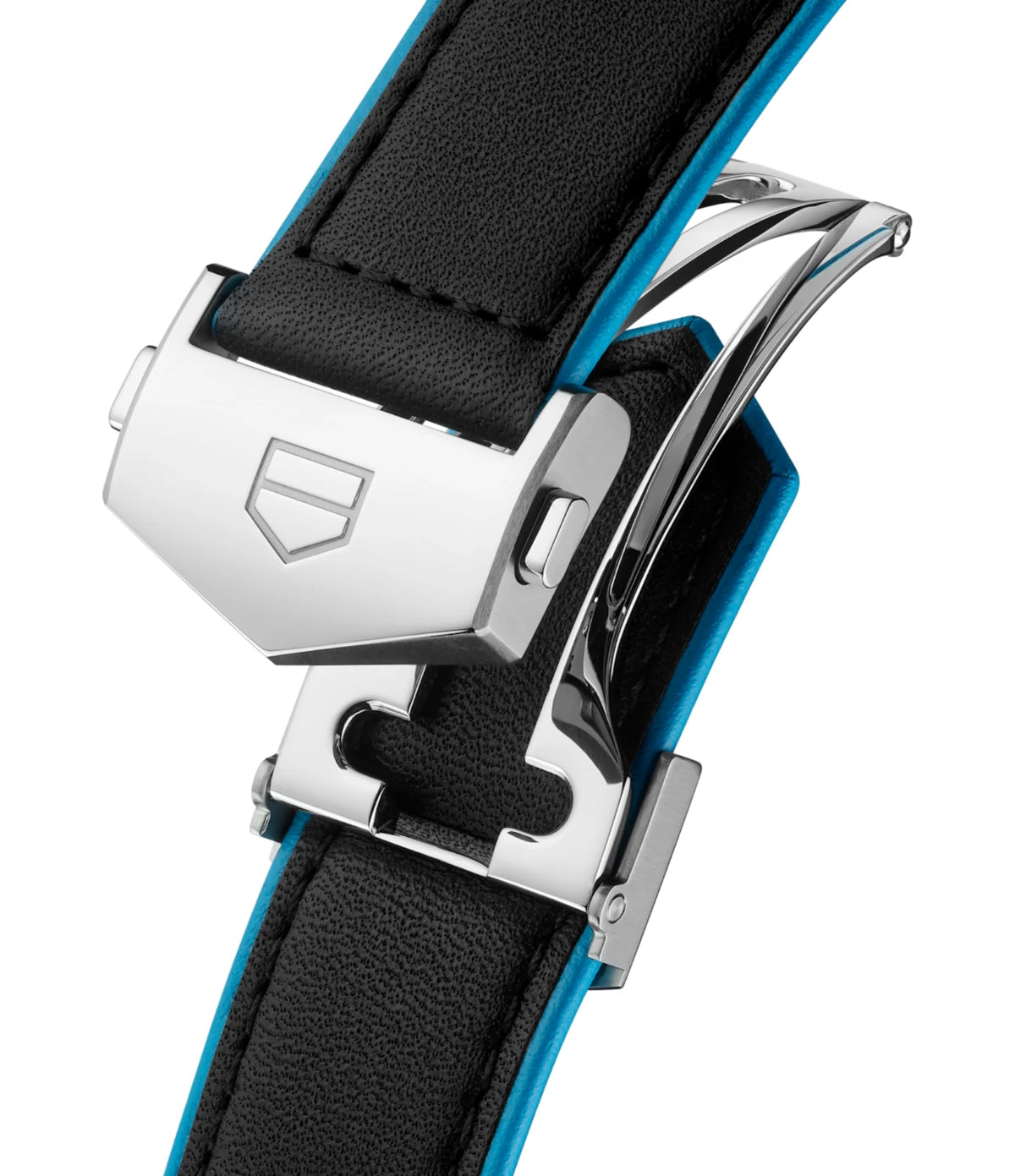Close-up of the perforated blue-lined black calfskin leather strap on the TAG Heuer Carrera Day-Date WDA2110.FC6614 with CAPSA interchangeable system and double folding clasp