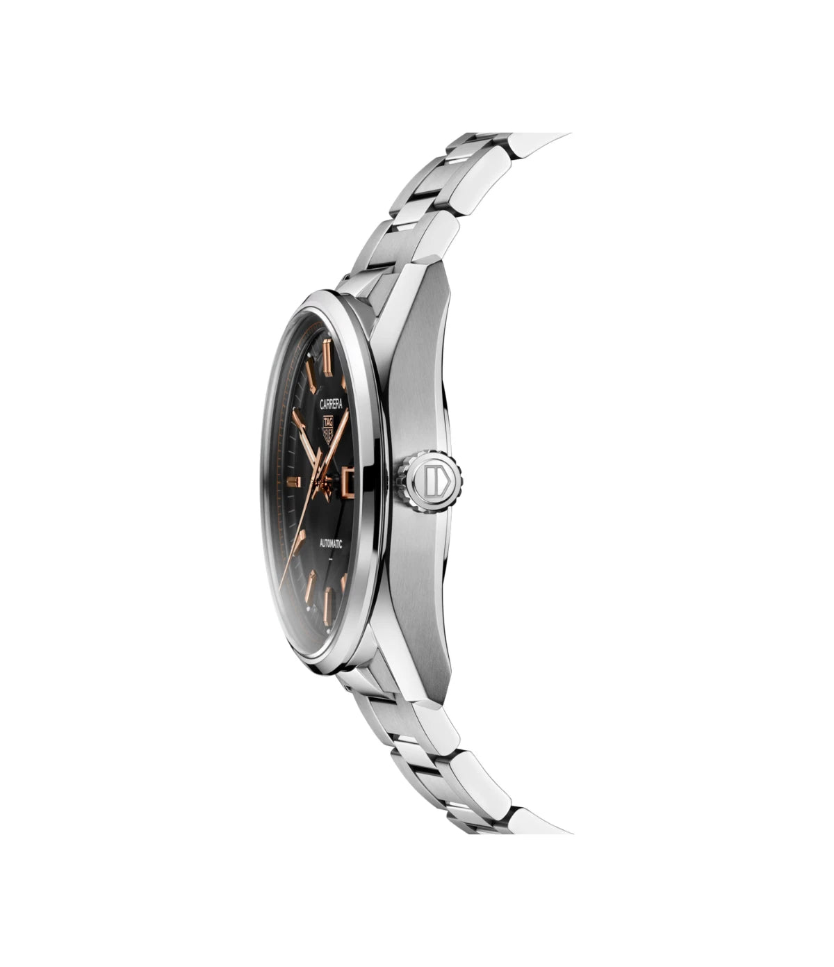 Side profile of the TAG Heuer Carrera Day-Date WDA2111.BA0043 showing fine-brushed/polished steel case and domed sapphire crystal