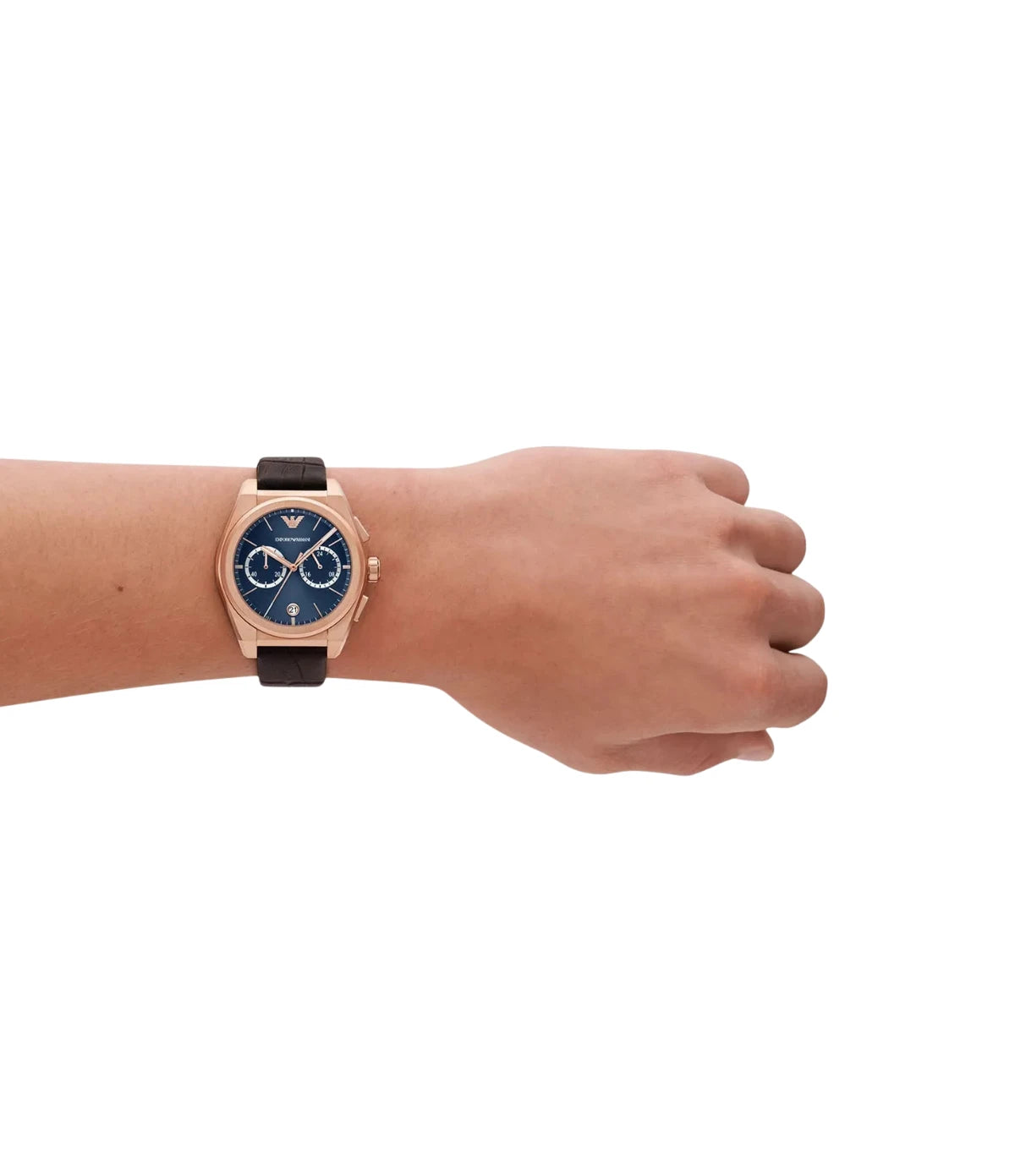 AR11563 Emporio Armani Federico Chronograph Watch on wrist lifestyle shot styled with Italian sophistication from timevault