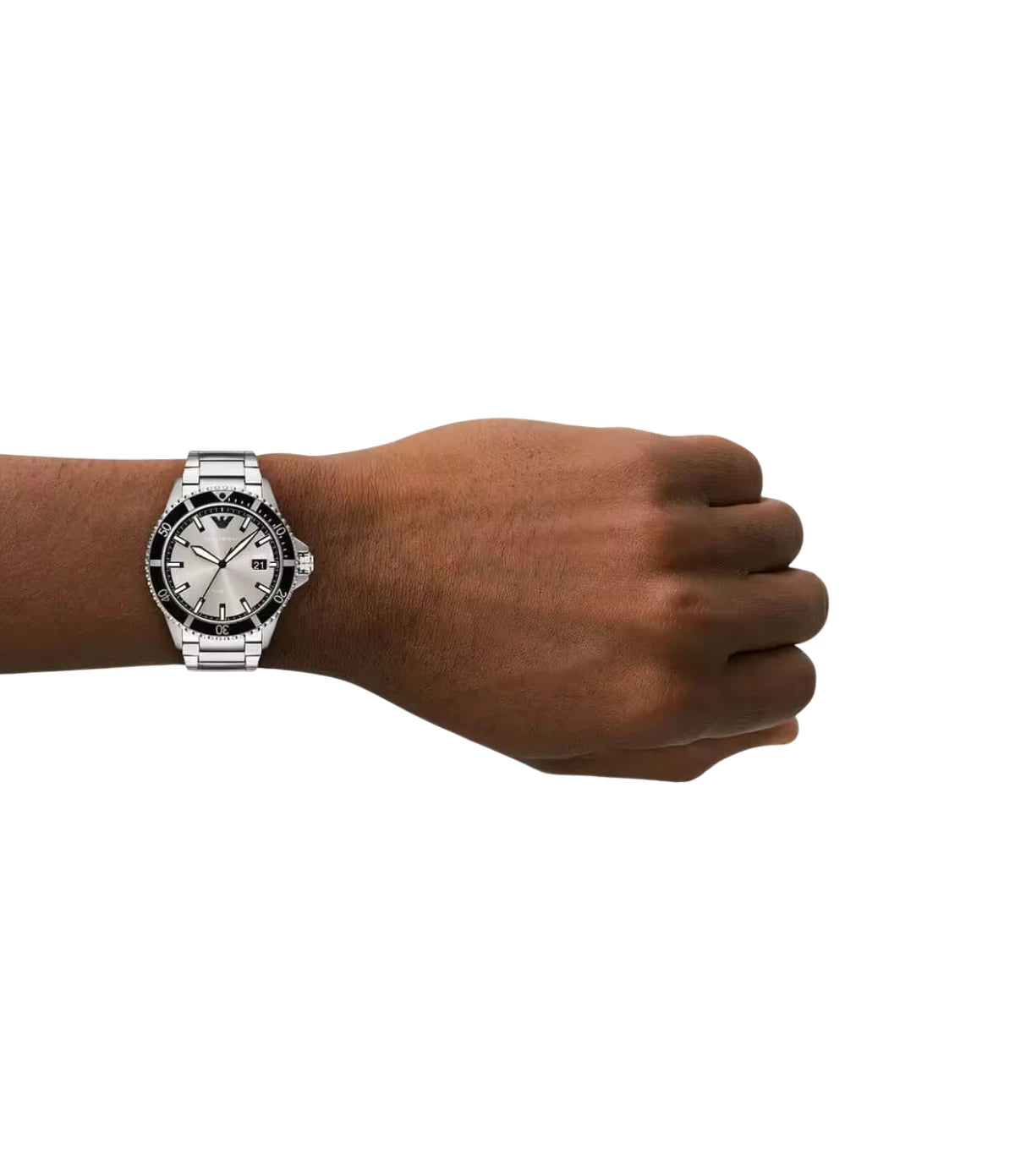 AR11683 Emporio Armani World Explorer Stainless Steel Watch on wrist lifestyle shot styled with bold modern sophistication from timevault