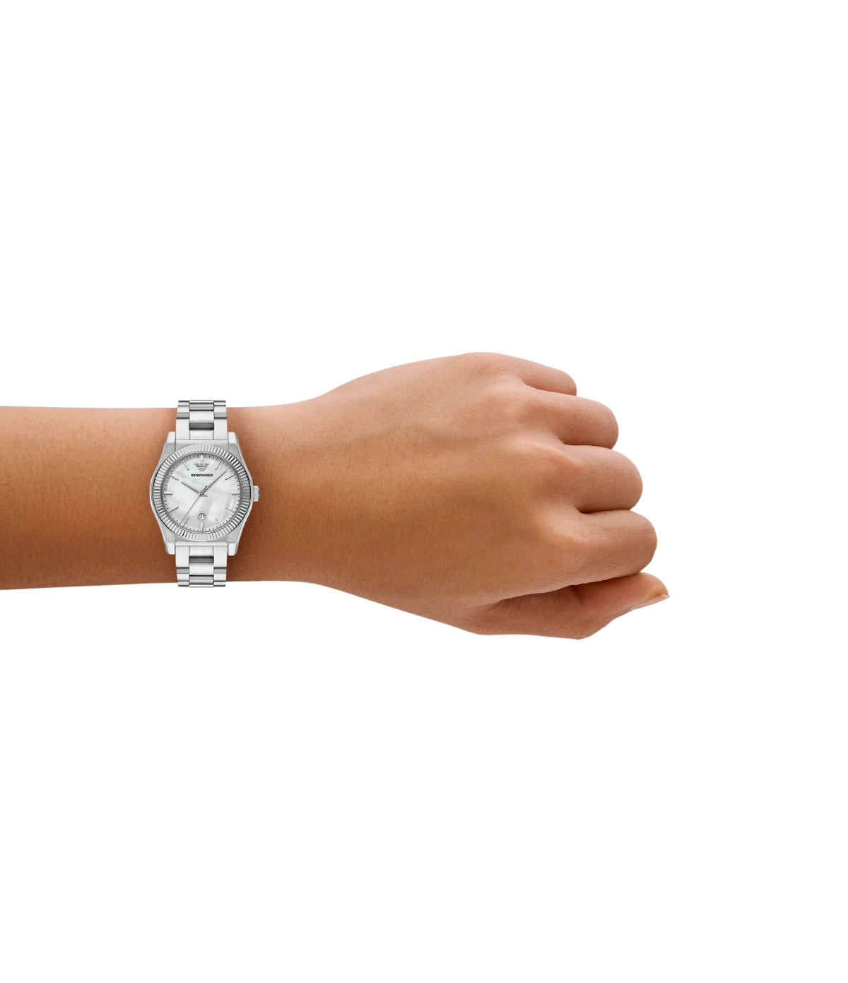AR11723NLPNLC Emporio Armani Three Hand Stainless Steel Watch on wrist lifestyle shot styled with refined feminine elegance from timevault