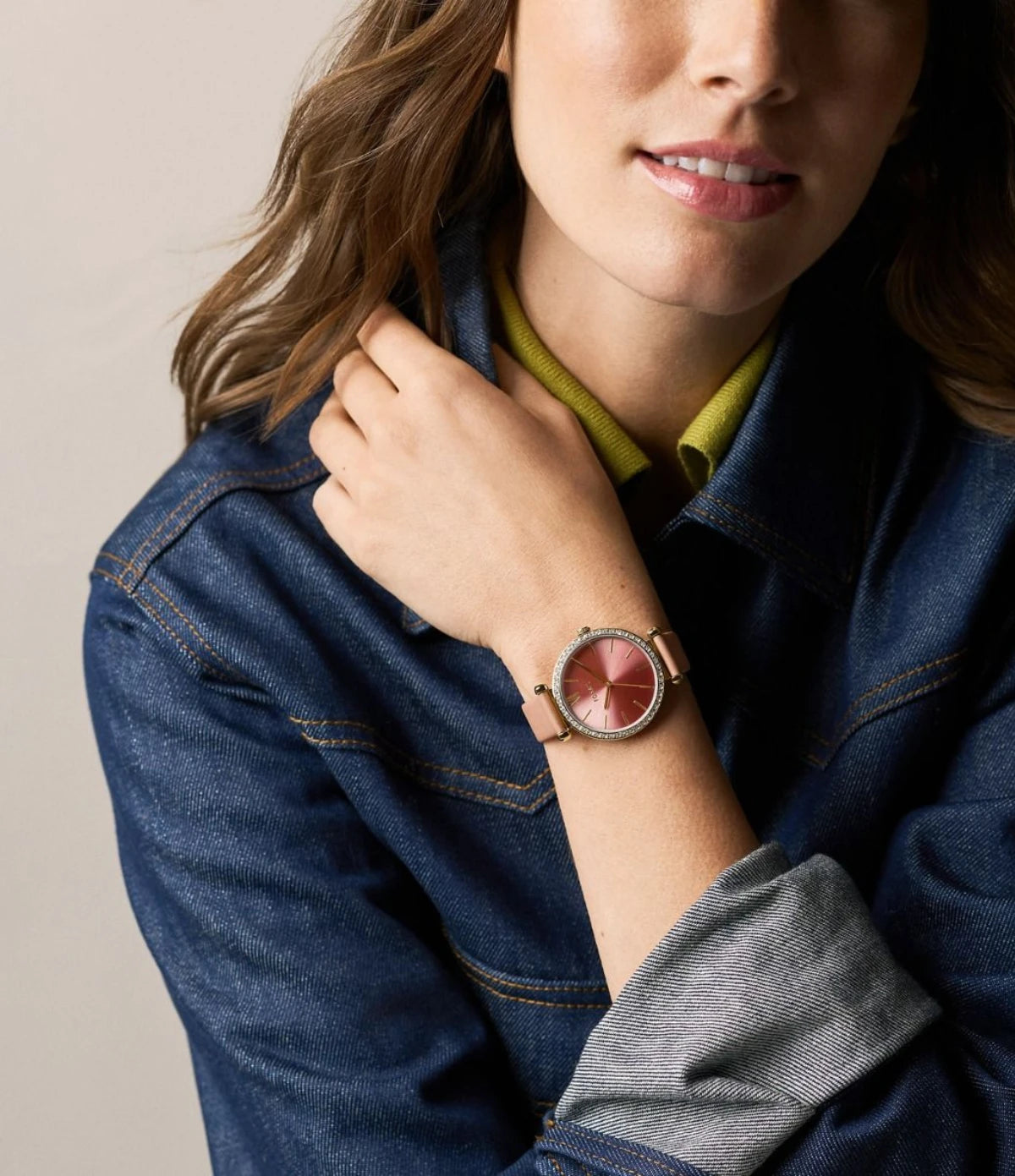 BQW8039 Fossil Tillie Nude Leather Watch with Peach Dial 36mm on wrist lifestyle shot styled with soft feminine elegance from timevault