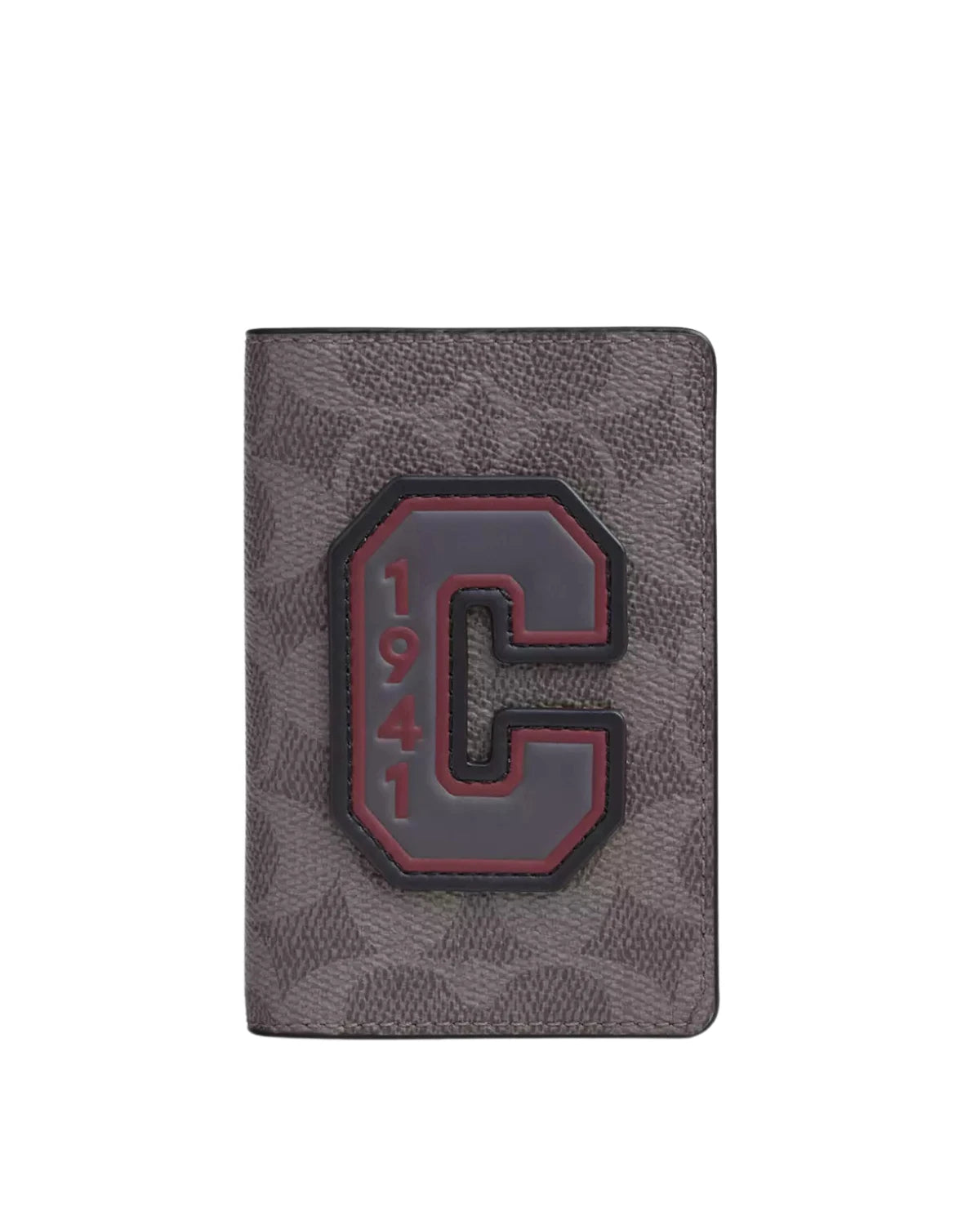 Coach ID Card Wallet in Signature Canvas with Patches CCF99 front view - men's slim canvas card case with patch detailing in grey multi, available in Sri Lanka at Timevault