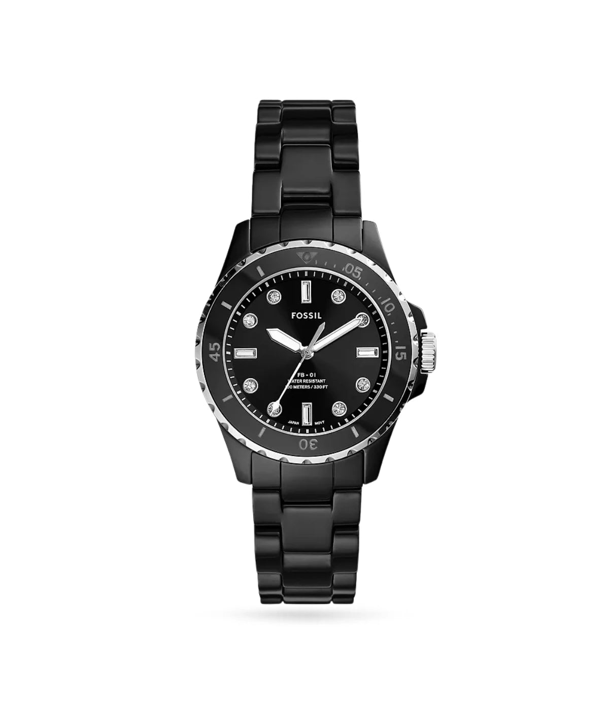 Fossil FB-01 36mm Three-Hand Black Ceramic Watch CE1108 front view - women's stainless steel watch with black satin dial and black ceramic bracelet, available in Sri Lanka at Timevault