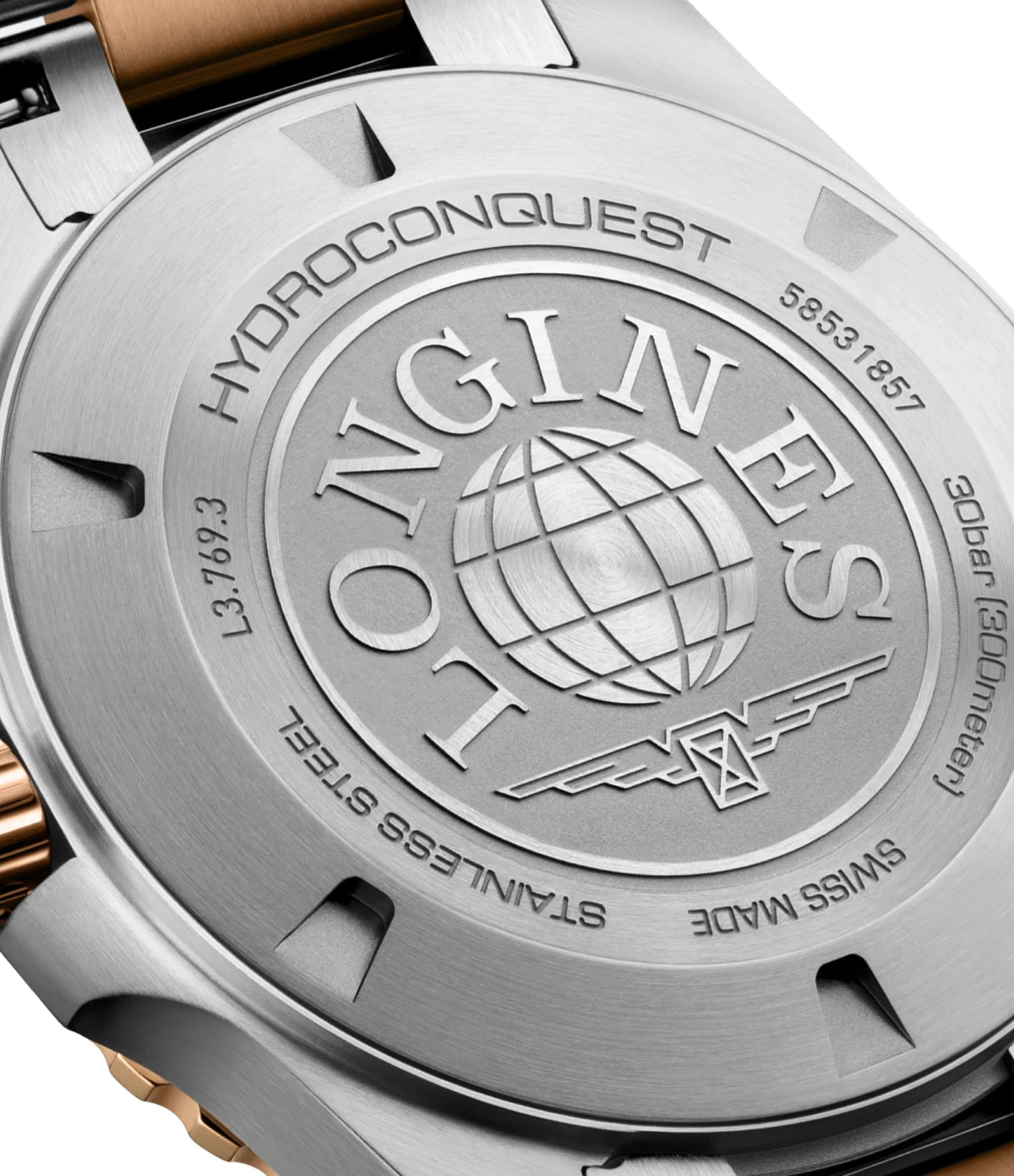 Close-up of the screw-down caseback engraving on the Longines HydroConquest 42mm L3.769.3.58.7 quartz dive watch