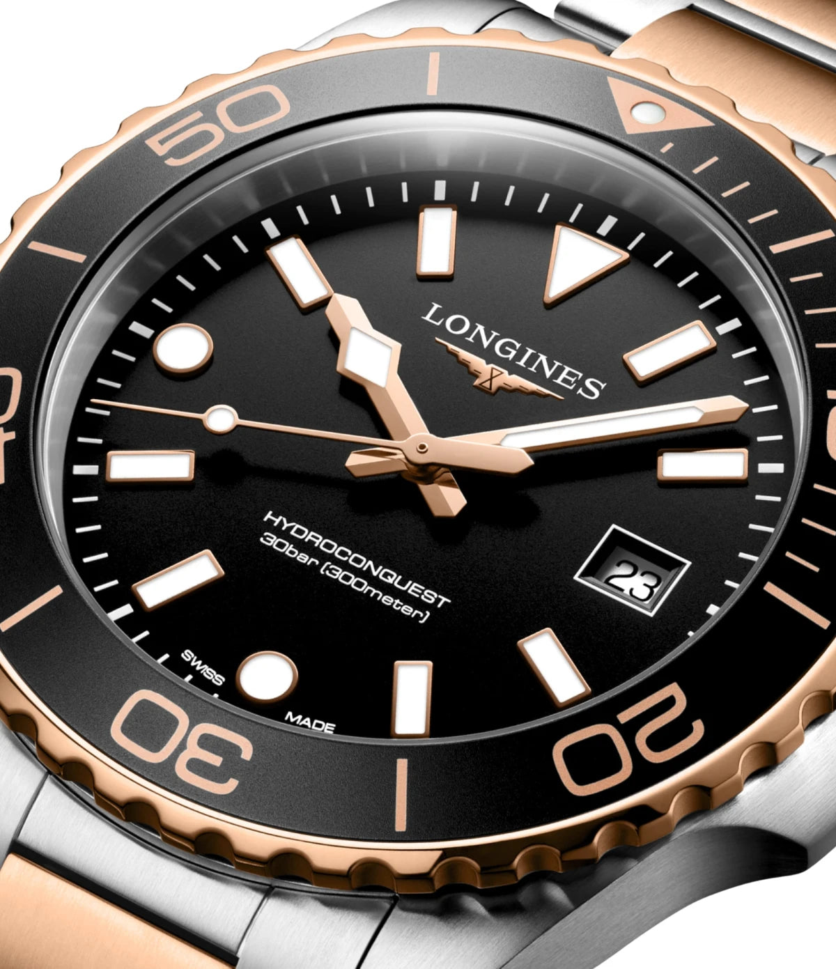 Close-up of the black sandblasted dial on the Longines HydroConquest 42mm L3.769.3.58.7 showing Swiss Super-LumiNova indexes