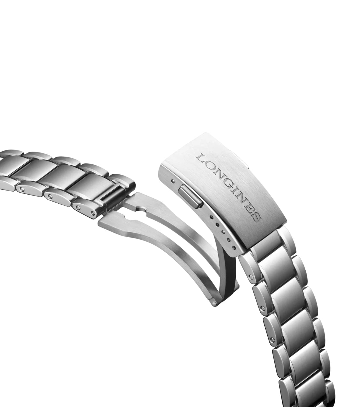 Open view of the double safety folding clasp with push-piece opening mechanism on the Longines Spirit Zulu Time 39mm L3.802.4.60.6