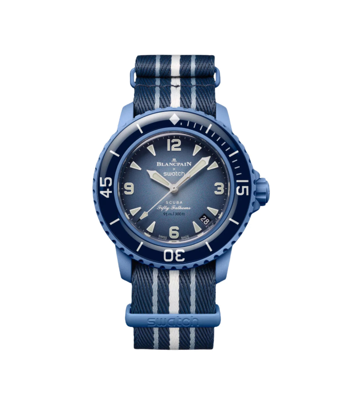 Blancpain X Swatch Bioceramic Scuba Fifty Fathoms Atlantic Ocean front view - men's green Bioceramic diver's watch with blue dial and lume markers, available in Sri Lanka at Timevault