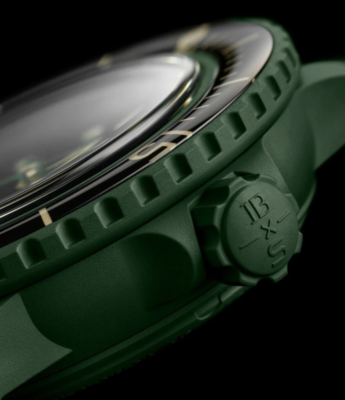 Close-up of the green Bioceramic crown on the Blancpain X Swatch Scuba Fifty Fathoms Green Abyss SO35G100 diver's watch